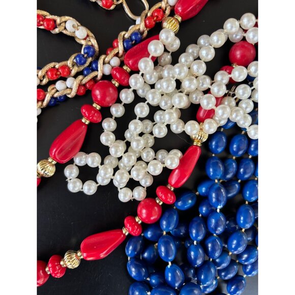 Vintage Multi-Strand Beaded Necklaces Set - Red White & Blue Faux Pearl & Gold-T - Picture 3 of 10